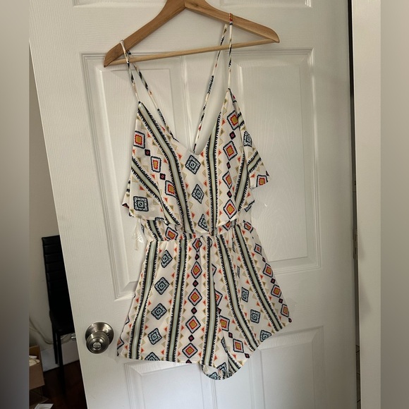 White and Blue Floral Striped Jumpsuit with V-Neck - Picture 1 of 3